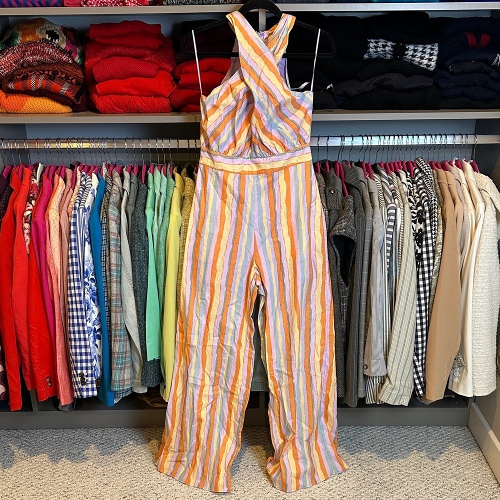 Fate orange/lavender/blue striped halter neck 2 pocket lined jumpsuit size S NWT